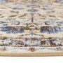 A close-up of a traditional patterned area rug showing its cream base, blue floral motifs, and brown and green accents, with a beige woven border.