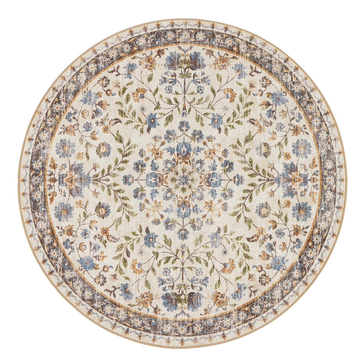 A round area rug with an intricate traditional floral pattern in cream, blue, green, and brown tones, shown from a top-down view on a white background.
