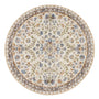 A round area rug with an intricate traditional floral pattern in cream, blue, green, and brown tones, shown from a top-down view on a white background.