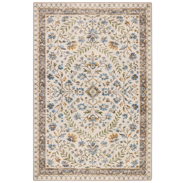 An area rug with a traditional floral pattern on an ivory background, featuring blue flowers, green leaves, and brown accents in the border.