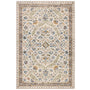 An area rug with a traditional floral pattern on an ivory background, featuring blue flowers, green leaves, and brown accents in the border.