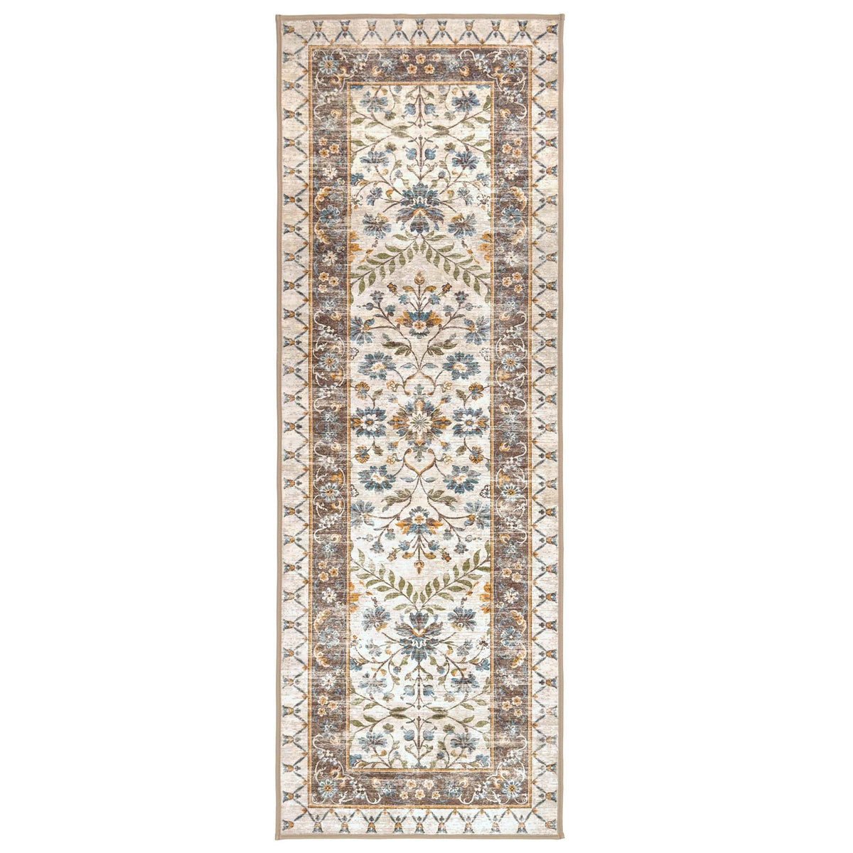 A long rectangular area rug with an ornate traditional floral pattern in cream, beige, muted blue, and olive green, shown flat against a solid white background.