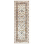 A long rectangular area rug with an ornate traditional floral pattern in cream, beige, muted blue, and olive green, shown flat against a solid white background.