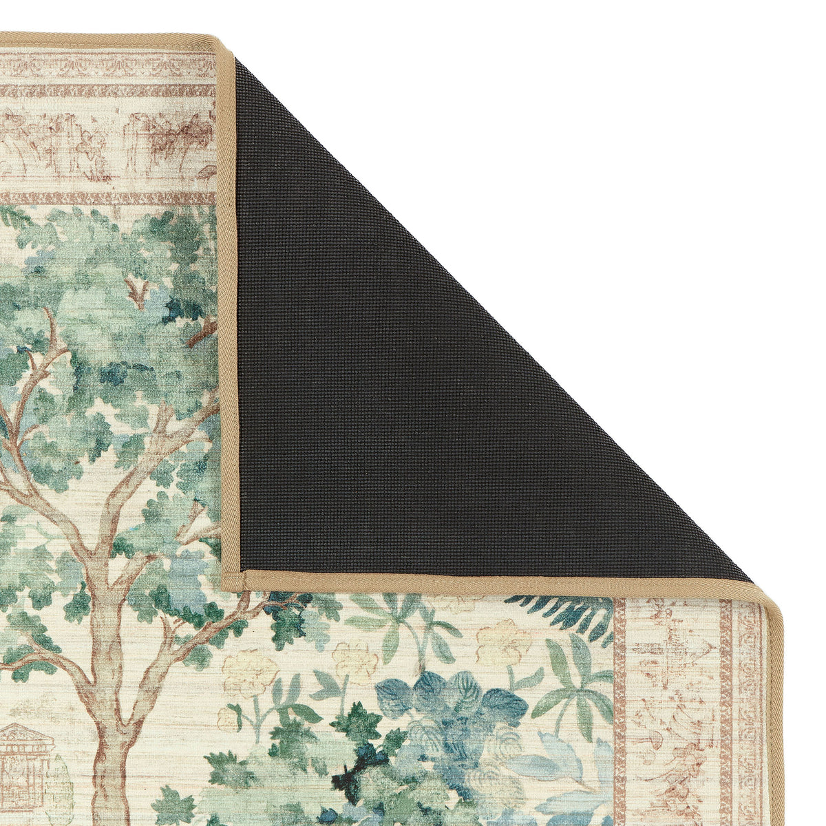 Sanderson By Highgrove x Hug Rug Eco-Washable The Stumpery Fern with a nature inspired design showing the rubber backing. 