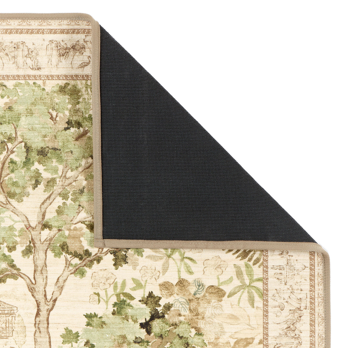 Close-up of Sanderson By Highgrove x Hug Rug Eco-Washable The Stumpery Lichen Runner with a nature inspired pattern showing the rubber backing. 