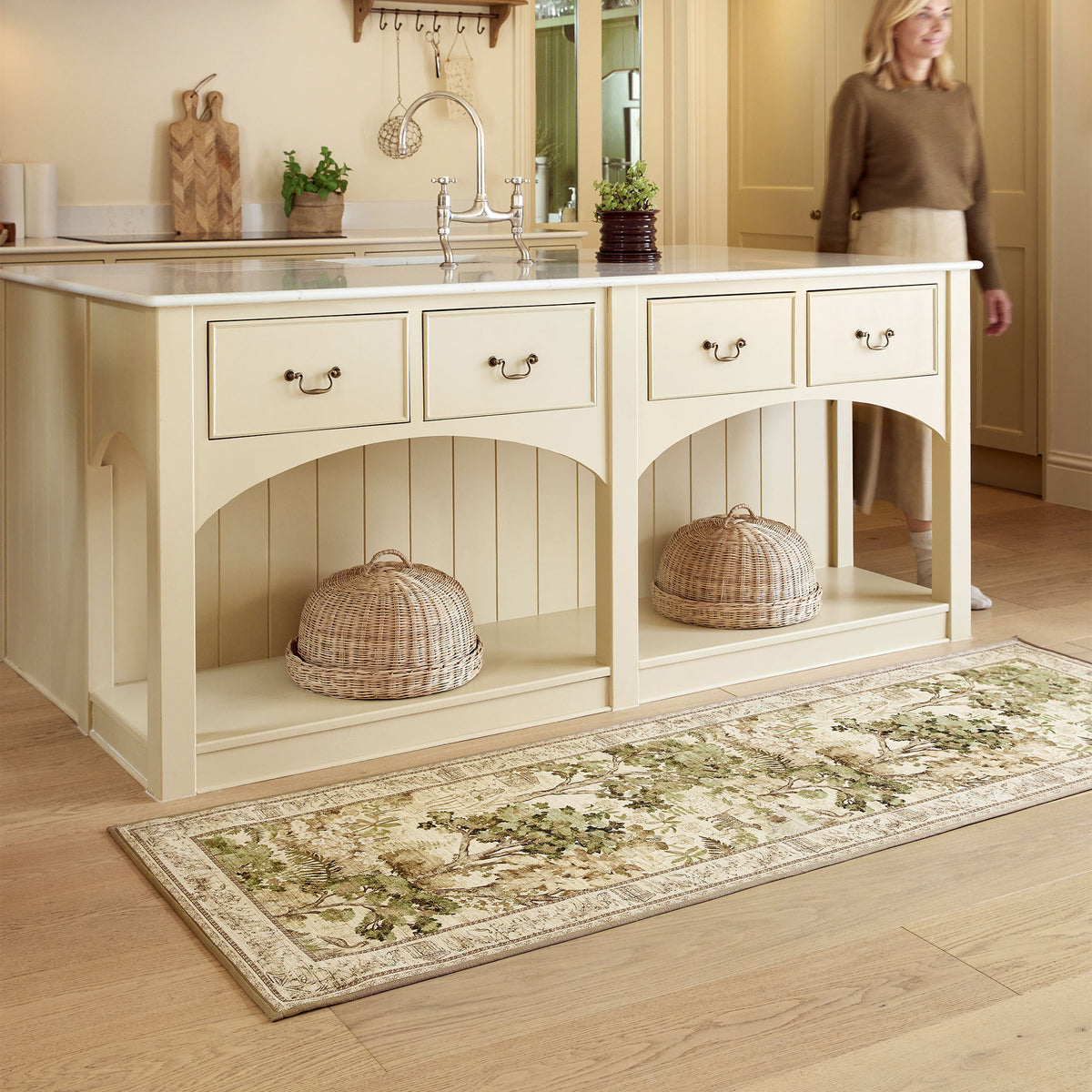 Sanderson By Highgrove x Hug Rug Eco-Washable The Stumpery Lichen Runner with a nature inspired pattern, styled on wooden flooring.