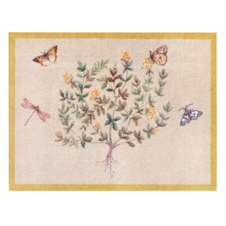 Sanderson By Highgrove x Hug Rug Thyme Walk Lichen & Gooseberry with a floral design.