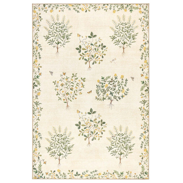 Sanderson By Highgrove x Hug Rug Eco-Washable Thyme Walk Lichen & Gooseberry with a nature inspired pattern.