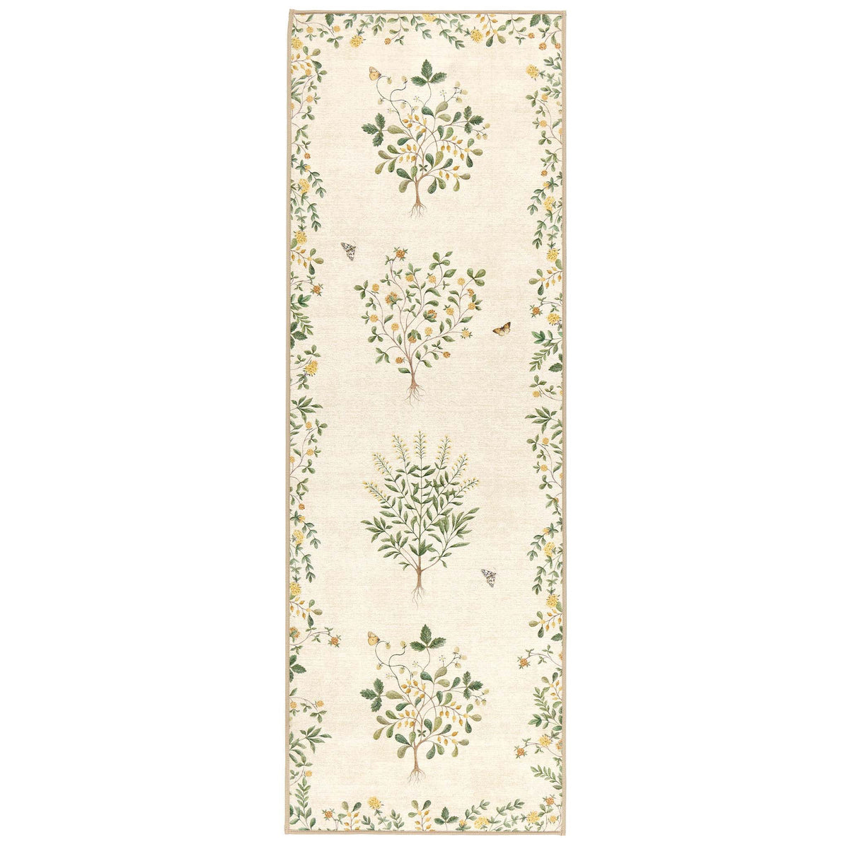 Sanderson By Highgrove x Hug Rug Eco-Washable Thyme Walk Lichen & Gooseberry Runner with a nature inspired pattern.