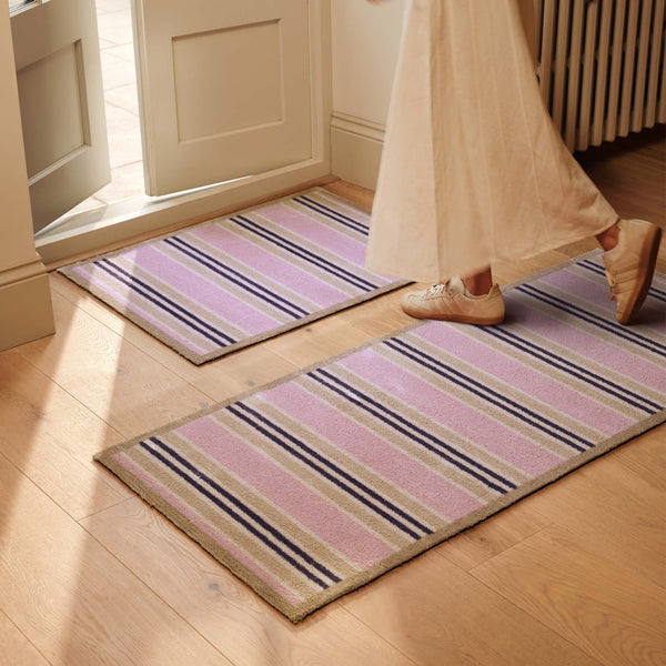 Timeless Stripe Blush Doormat- 100% recycled cotton doormat featuring a pink and beige striped pattern.