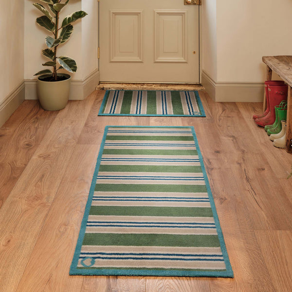 Timeless Stripe Green Doormat- 100% recycled cotton doormat featuring beige, green and blue stripes.
