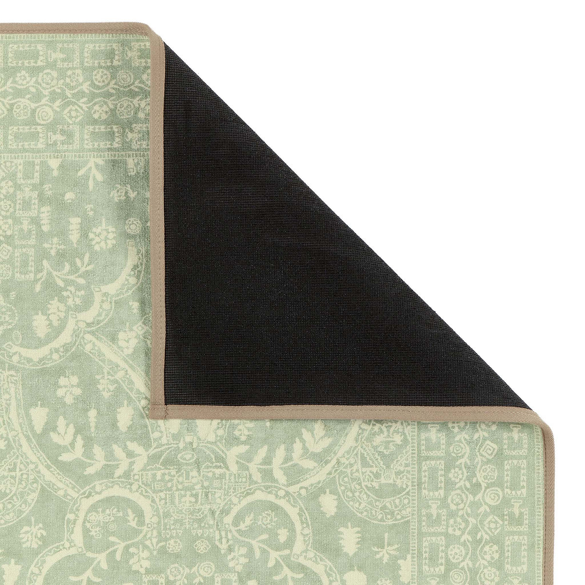Sanderson By Highgrove x Hug Rug Eco-Washable Topiary View Thyme Rug in green with a traditional style pattern showing rubber backing