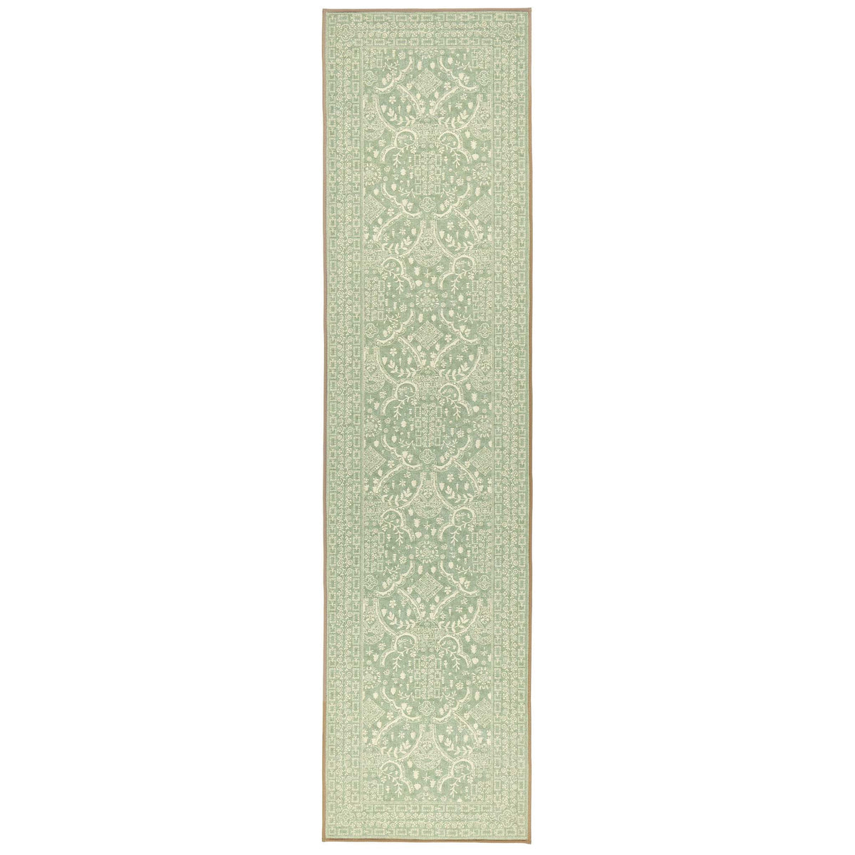 Sanderson By Highgrove x Hug Rug Eco-Washable Topiary View Thyme Runner in green with a traditional style pattern.