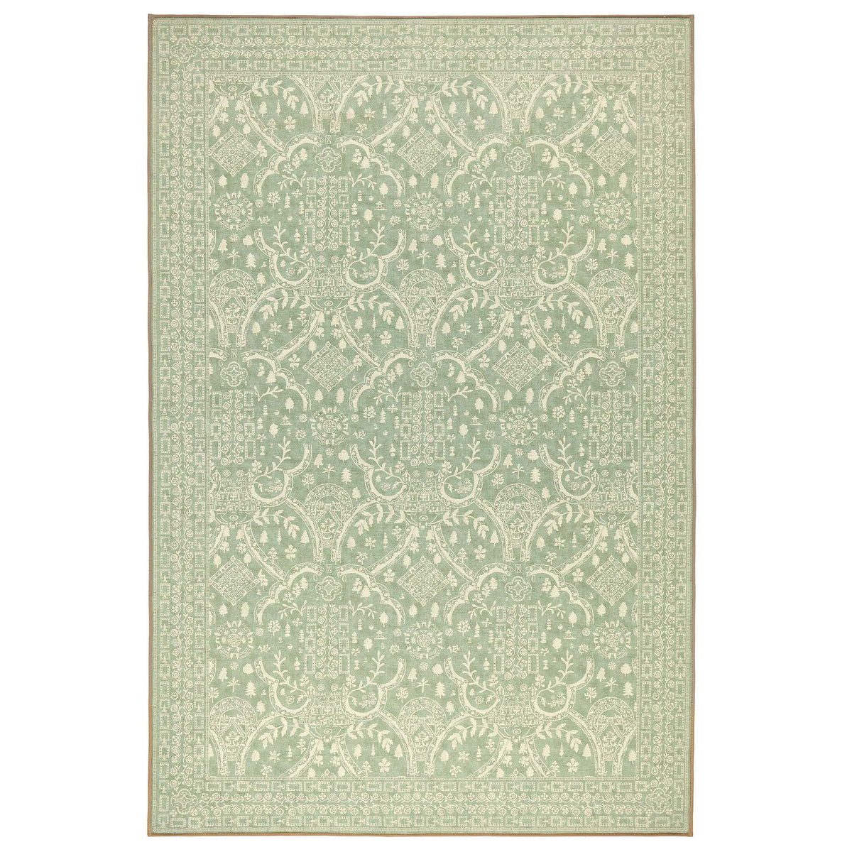 Sanderson By Highgrove x Hug Rug Eco-Washable Topiary View Thyme Rug in green with a traditional style pattern.