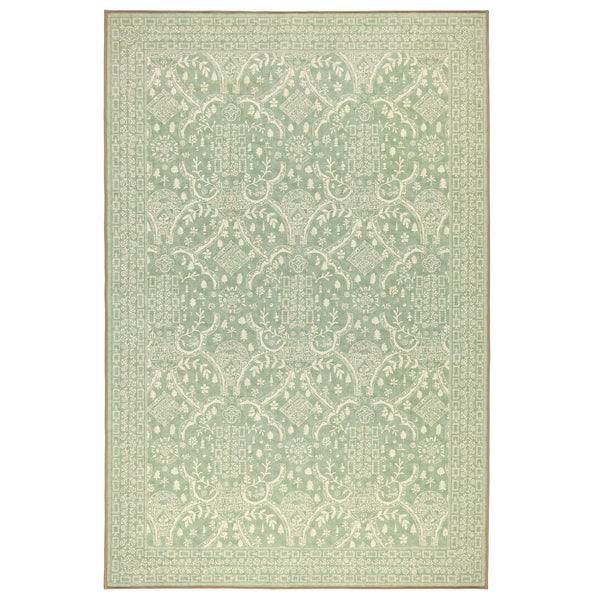 Sanderson By Highgrove x Hug Rug Eco-Washable Topiary View Thyme Rug in green with a traditional style pattern.
