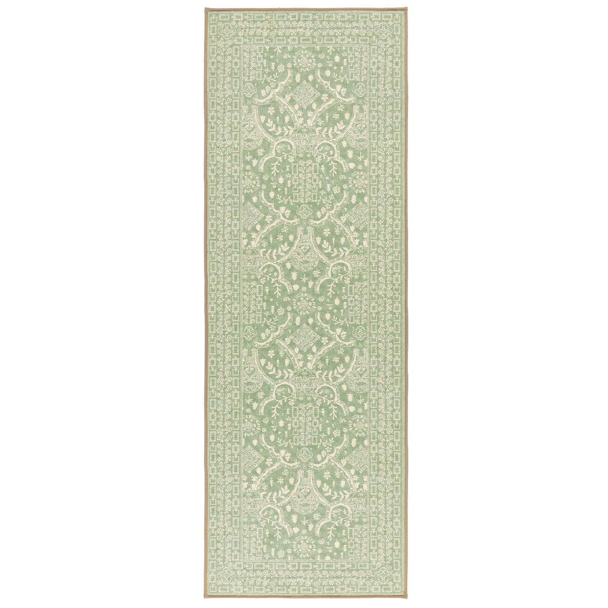 Sanderson By Highgrove x Hug Rug Eco-Washable Topiary View Thyme Runner in green with a traditional style pattern. 