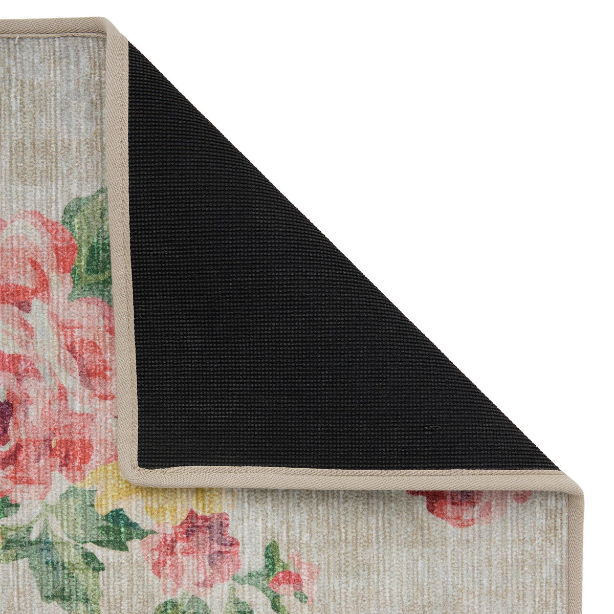 Vintage Rose Natural Rug- 100% recycled content rug featuring white and yellow roses.