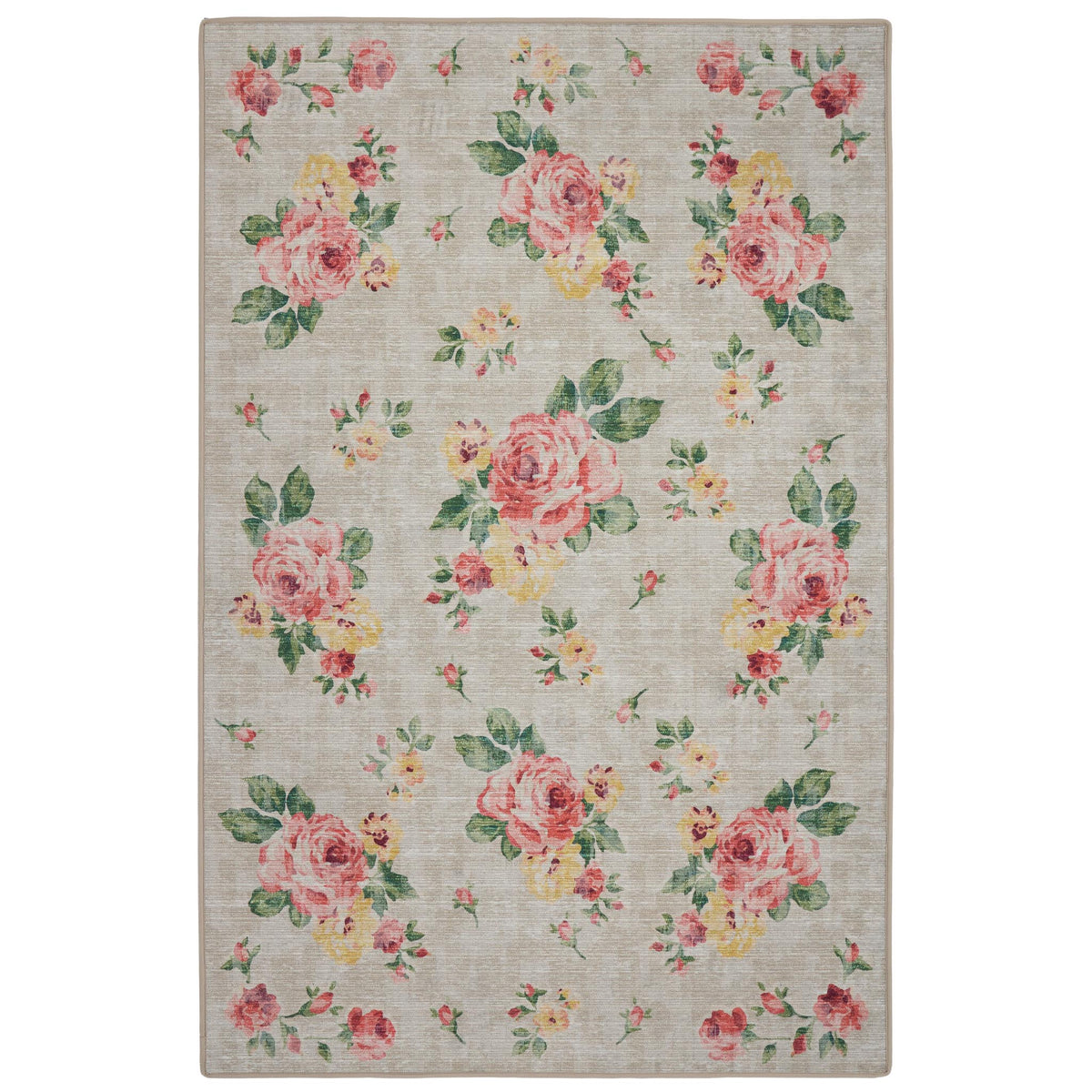 Vintage Rose Natural Rug- 100% recycled content rug featuring white and yellow roses.