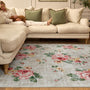 Vintage Rose Natural Rug- 100% recycled content rug featuring white and yellow roses.