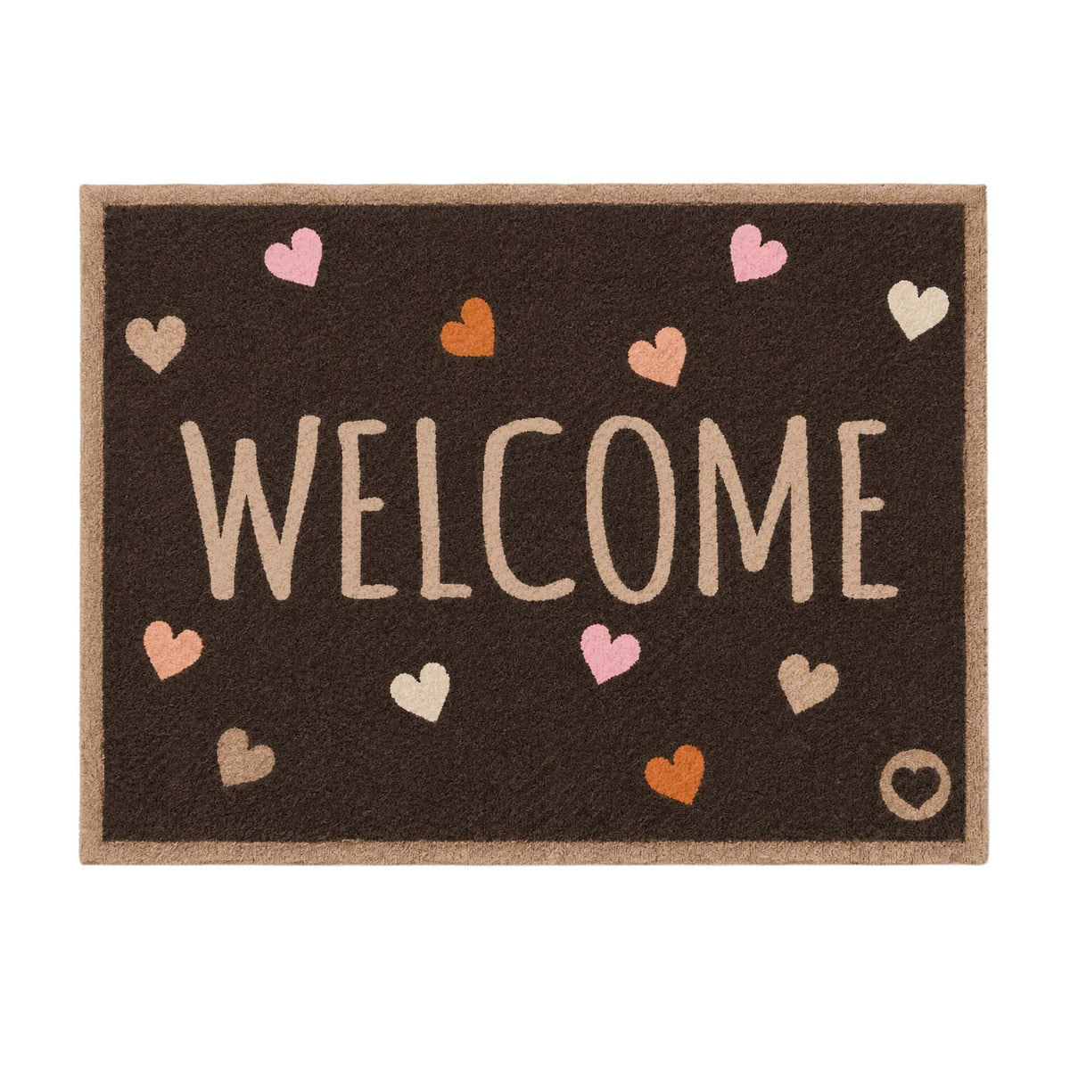 A rectangular brown doormat with a natural tan border, featuring the word 'WELCOME' in large beige letters and scattered pastel hearts in pink, orange, beige, and white.