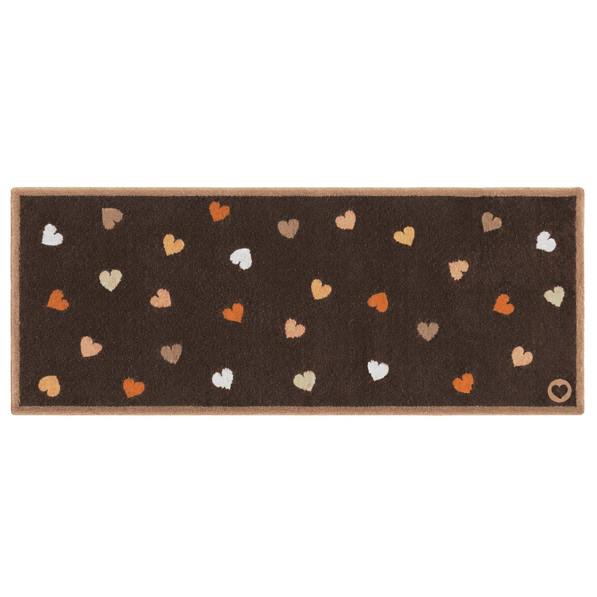 A rectangular brown mat with a border and scattered heart motifs in orange, beige, white, and brown, shown on a plain white background.