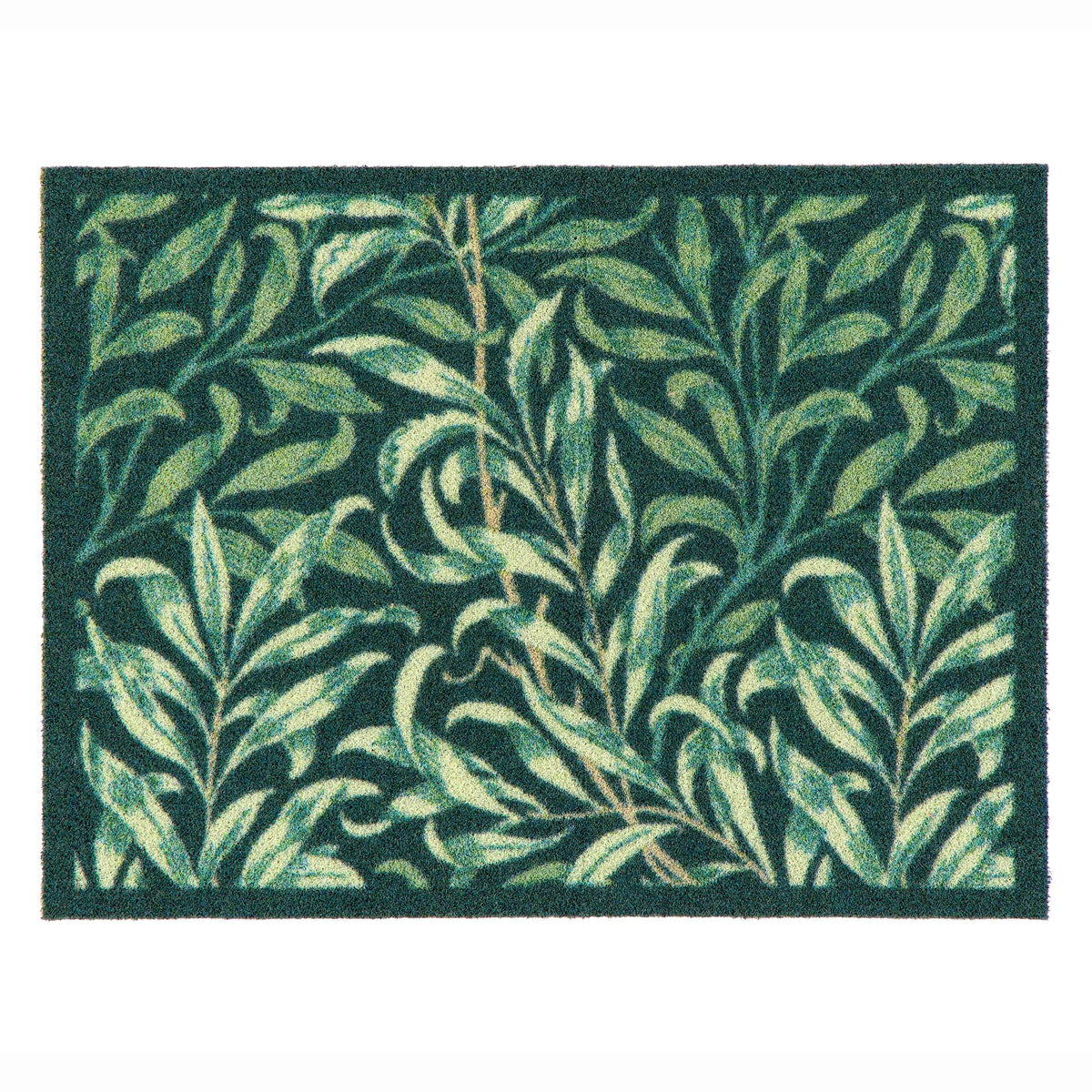A rectangular outdoor doormat featuring a dense, repeating botanical pattern of green and light olive leaves on a dark green background, shown flat against a white backdrop.