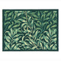 A rectangular outdoor doormat featuring a dense, repeating botanical pattern of green and light olive leaves on a dark green background, shown flat against a white backdrop.