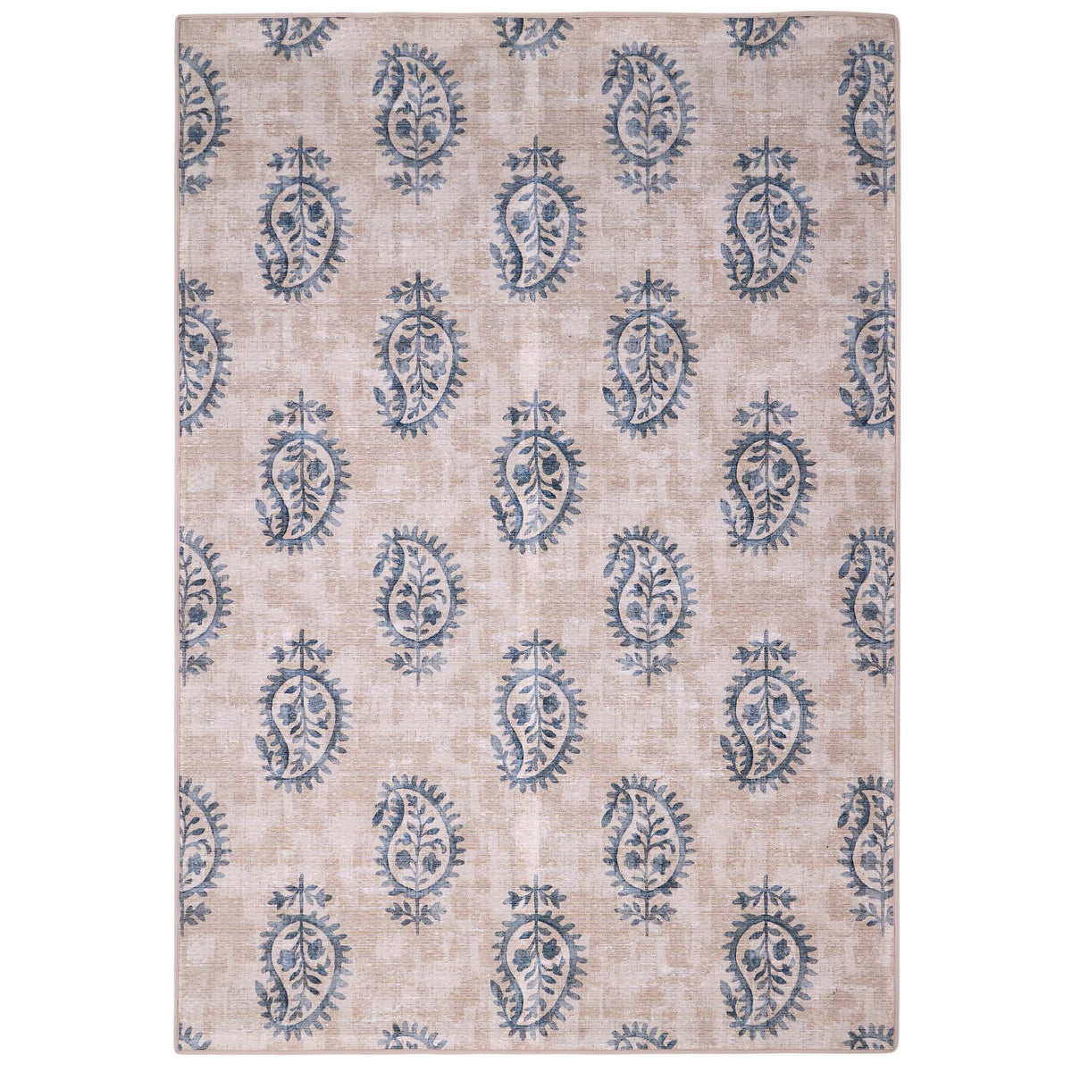Hug Rug Eco-Washable Woodblock Paisley Blue- 100% recycled content rug featuring a blue paisley pattern.