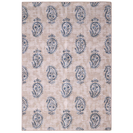 Hug Rug Eco-Washable Woodblock Paisley Blue- 100% recycled content rug featuring a blue paisley pattern.