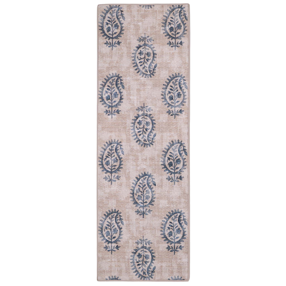Hug Rug Eco-Washable Woodblock Paisley Blue- 100% recycled content rug featuring a blue paisley pattern.