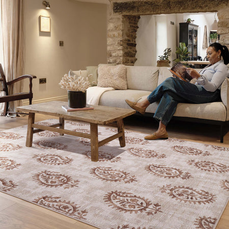 Hug Rug Eco-Washable Woodblock Paisley Rust- 100% recycled content rug featuring orange paisleys.