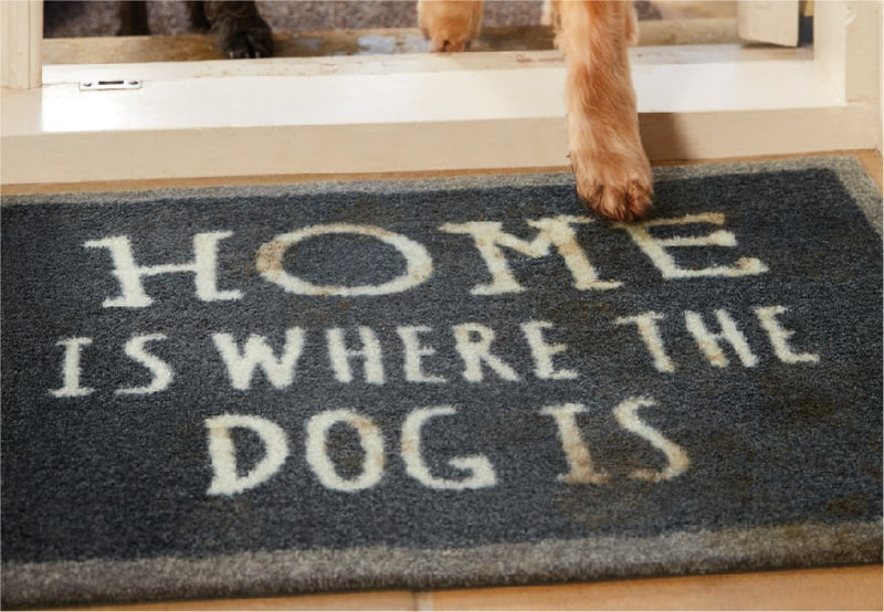 Dog stepping onto doormat reading home is where the dog is