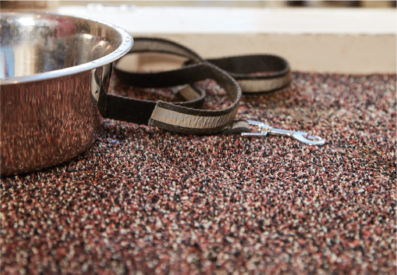 Dog bowl and dog lead on top of a red and black flecked washable doormat