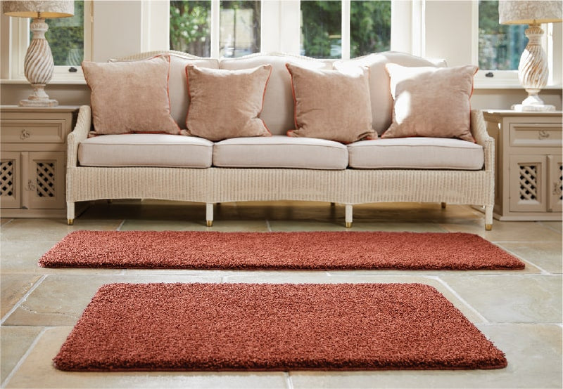 shaggy red runner rug and smaller rug in a living room